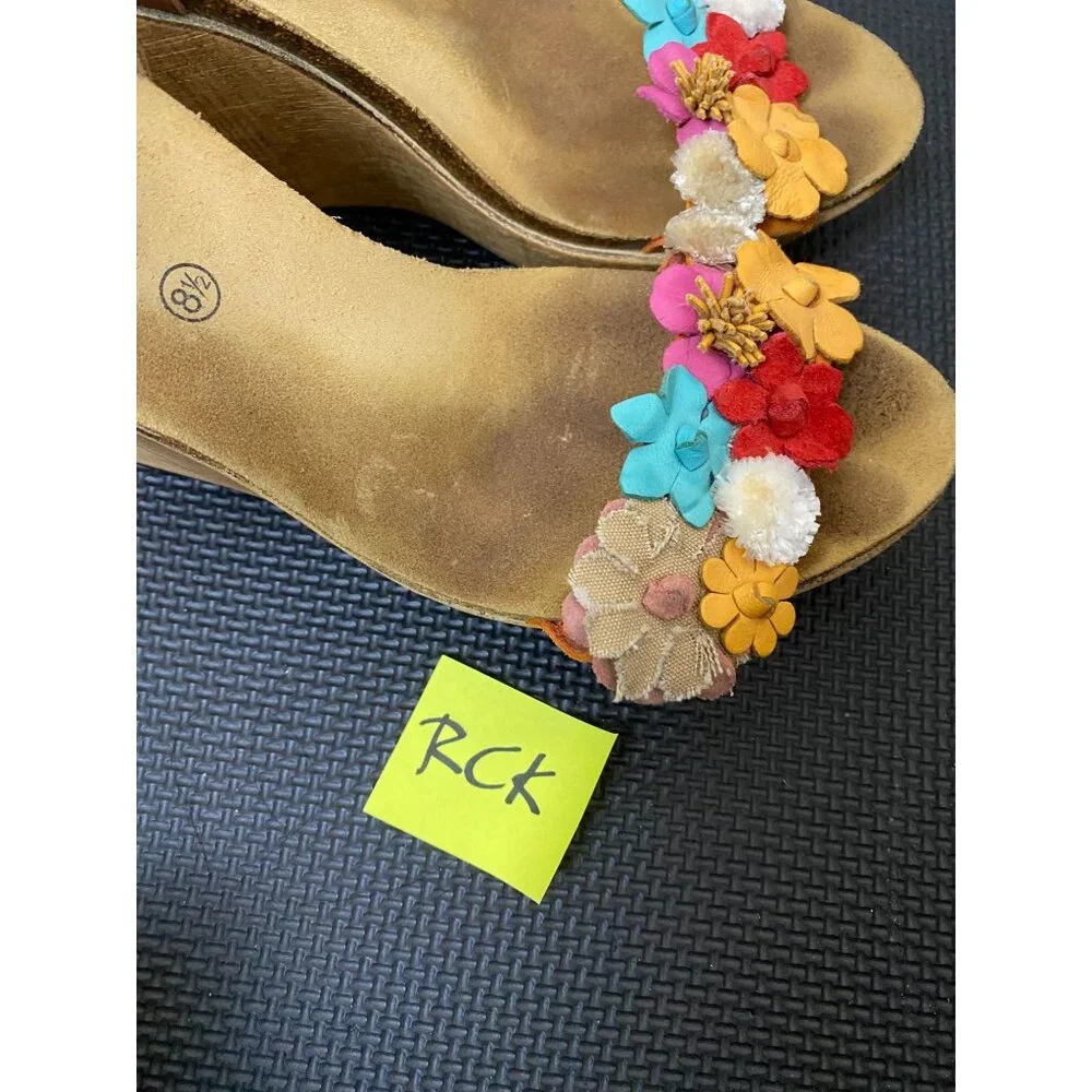 Bios Step Leather Fabric Flower‎ Wedge Sandals Brown Size 8.5 Whimsical Feminine